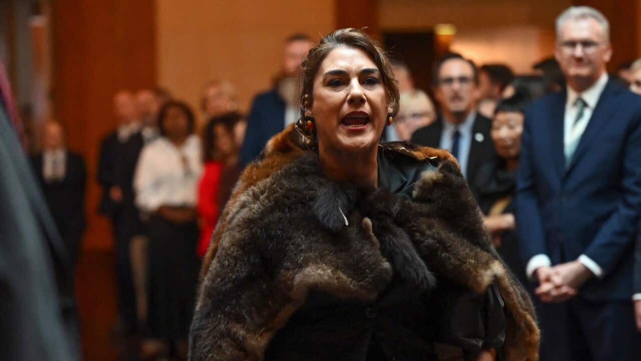 Australian senator Lidia Thorpe protests during the Ceremonial Welcome to Australia for King Charles III and Queen Camilla at Australian Parliament House in Canberra
