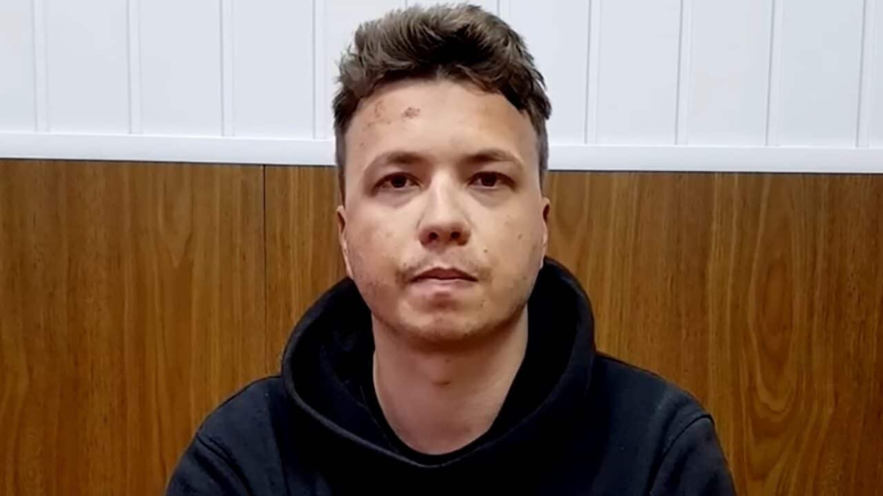 Belarusian opposition figure Roman Protasevich is seen during his first statement to the security forces in Minsk on 25 May 2021.