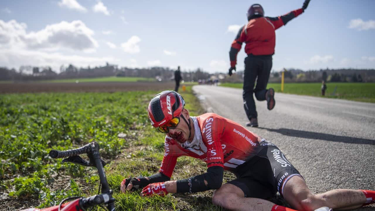 Michael Matthews' Sunweb team mate Martijn Tusveld crashed out of the 2019 Paris-Nice separately to the Australian (Getty)