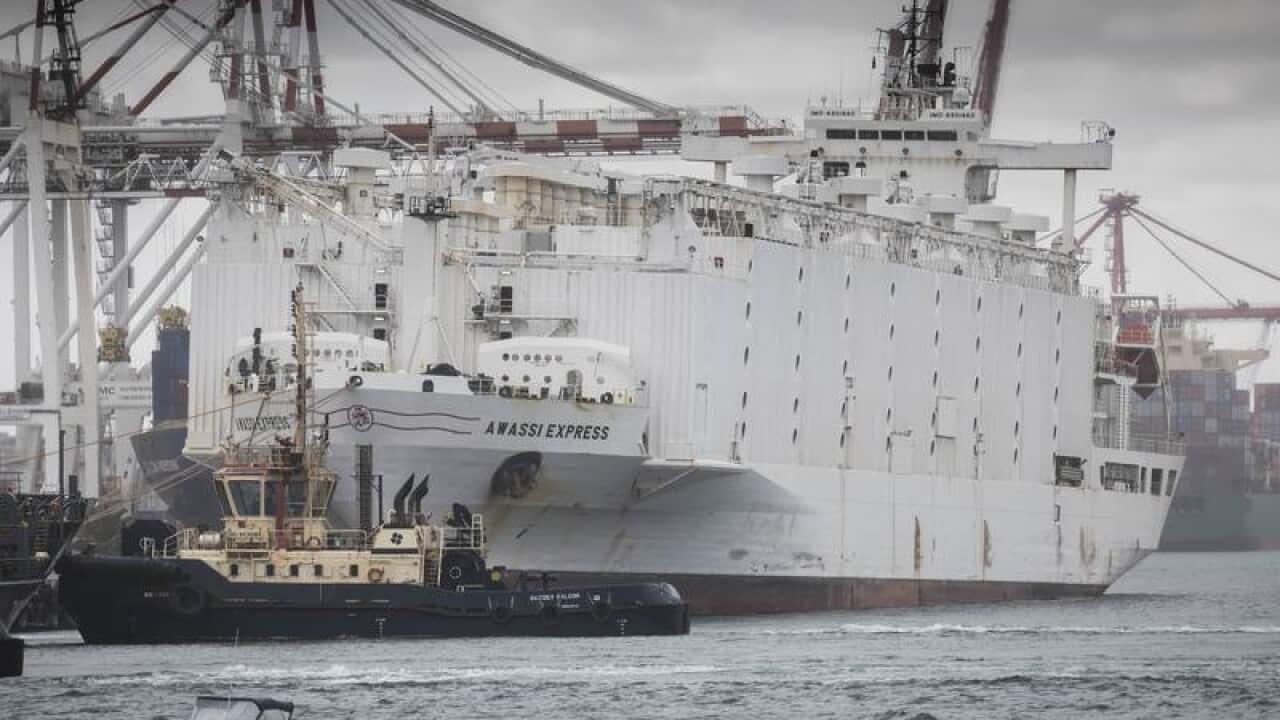 The Awassi Express is seen docked at the port of Fremantle, Perth.
