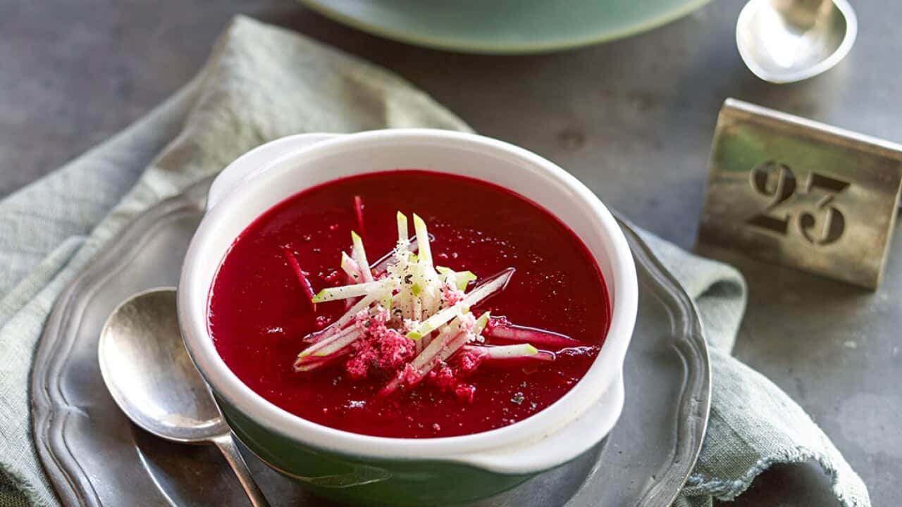 Roasted beetroot soup with raspberry and horseradish
