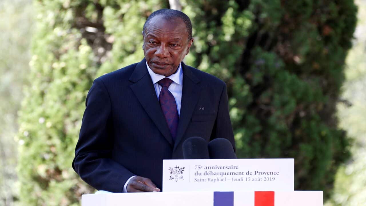 An august 2019 file photo of Guinean President Alpha Conde.