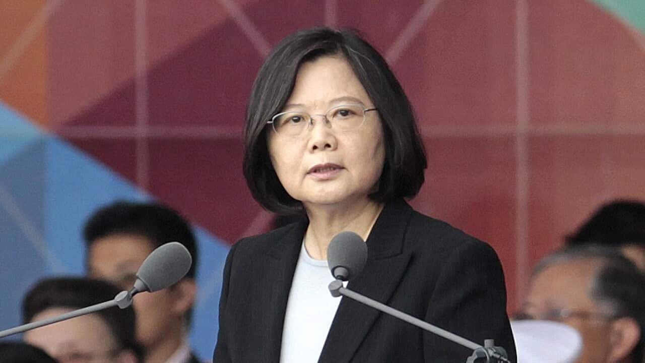 Taiwan's President Tsai Ing-wen delivers a speech during National Day celebrations in front of the Presidential Building in Taipei, Taiwan, Monday, Oct. 10, 2016. (AP Photo/Chiang Ying-ying)