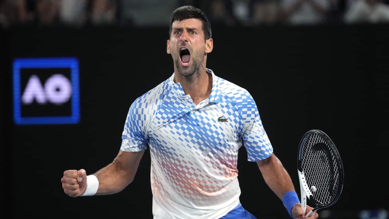 Novak Djokovic of Serbia reacts during his quarterfinal against Andrey Rublev of Russia at the Australian Open tennis championship in Melbourne