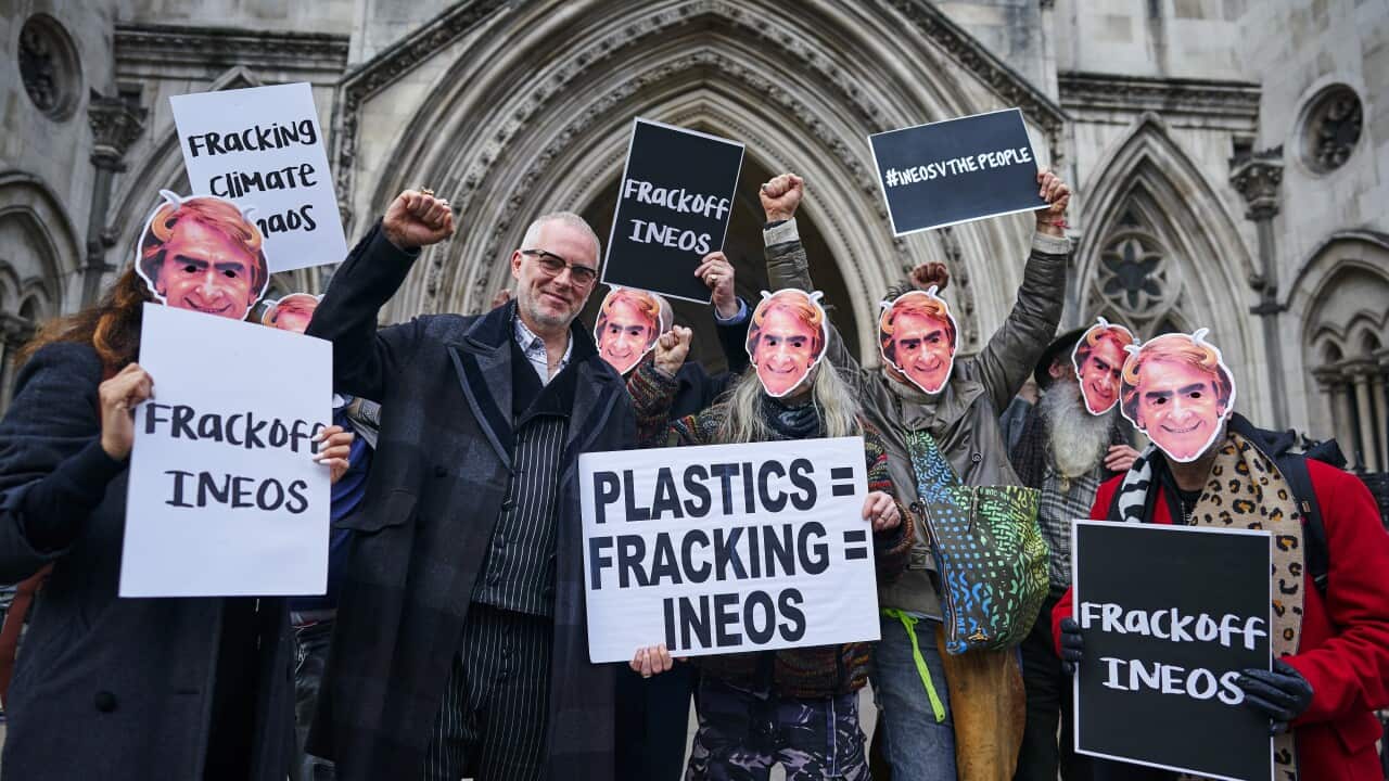 Anti-fracking protestors and Jim Corre at UK's High Court, March 2019 where they won an appeal against Ineos's injunction designed to silence protest (Getty)
