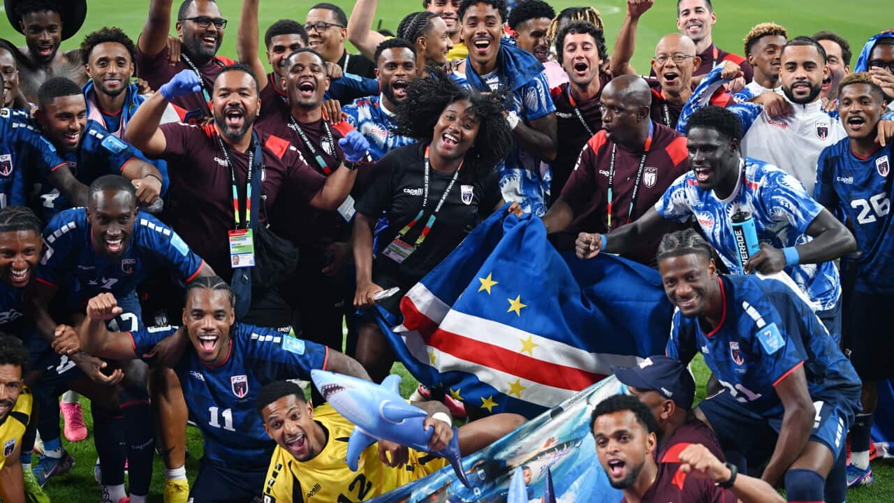 Cape Verdean players celebrating on a football pitch
