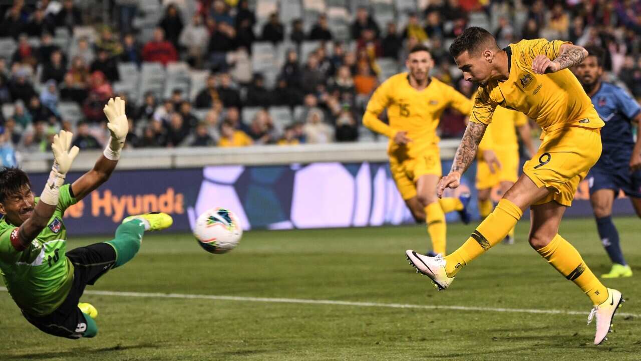 Jamie Maclaren of Australia scores his third goal during the FIFA World Cup Asian Qualifiers match between the Australian Socceroos and Nepal