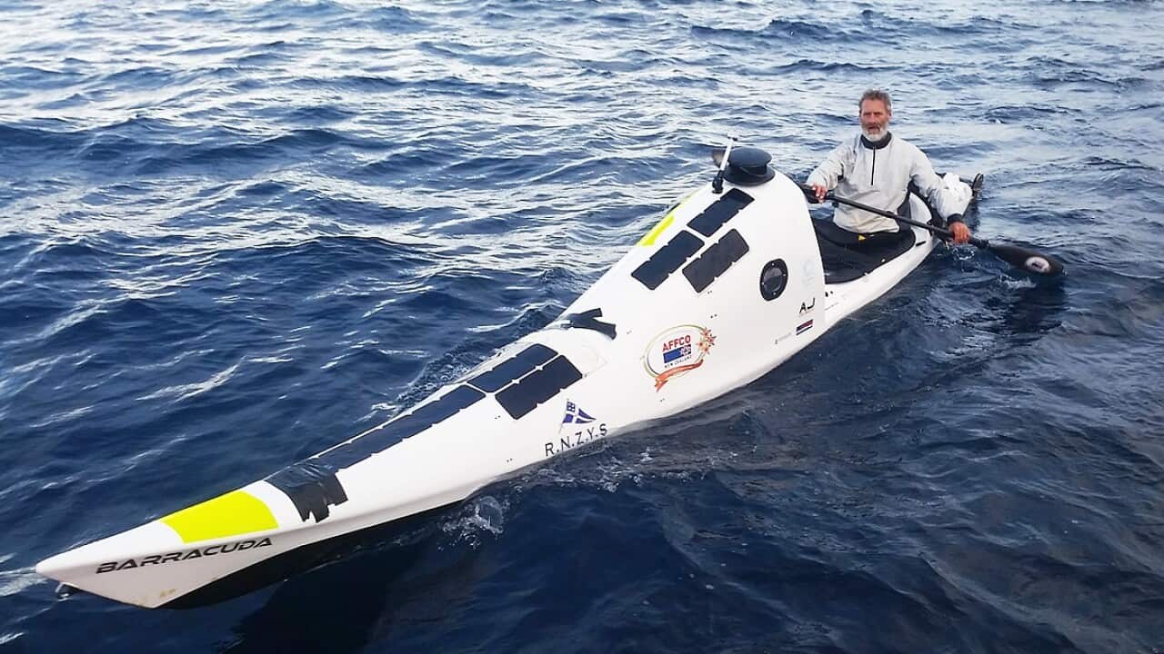 A supplied image obtained Monday, July 2, 2018 of kayaker Scott Donaldson around 65km off the coast of New Plymouth, Sunday, July 1, 2018.