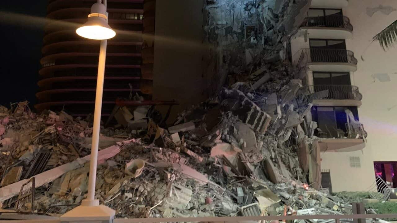 The scene of a partial building collapse in Surfside, Miami.
