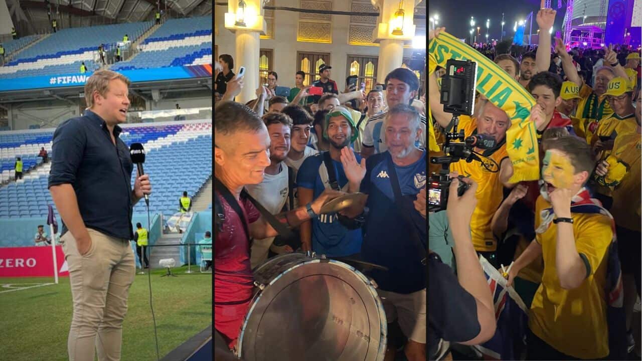 A three panel montage showing SBS correspondent Ben Lewis on the right, Argentinian fans in the centre and Socceroos fans on the right.