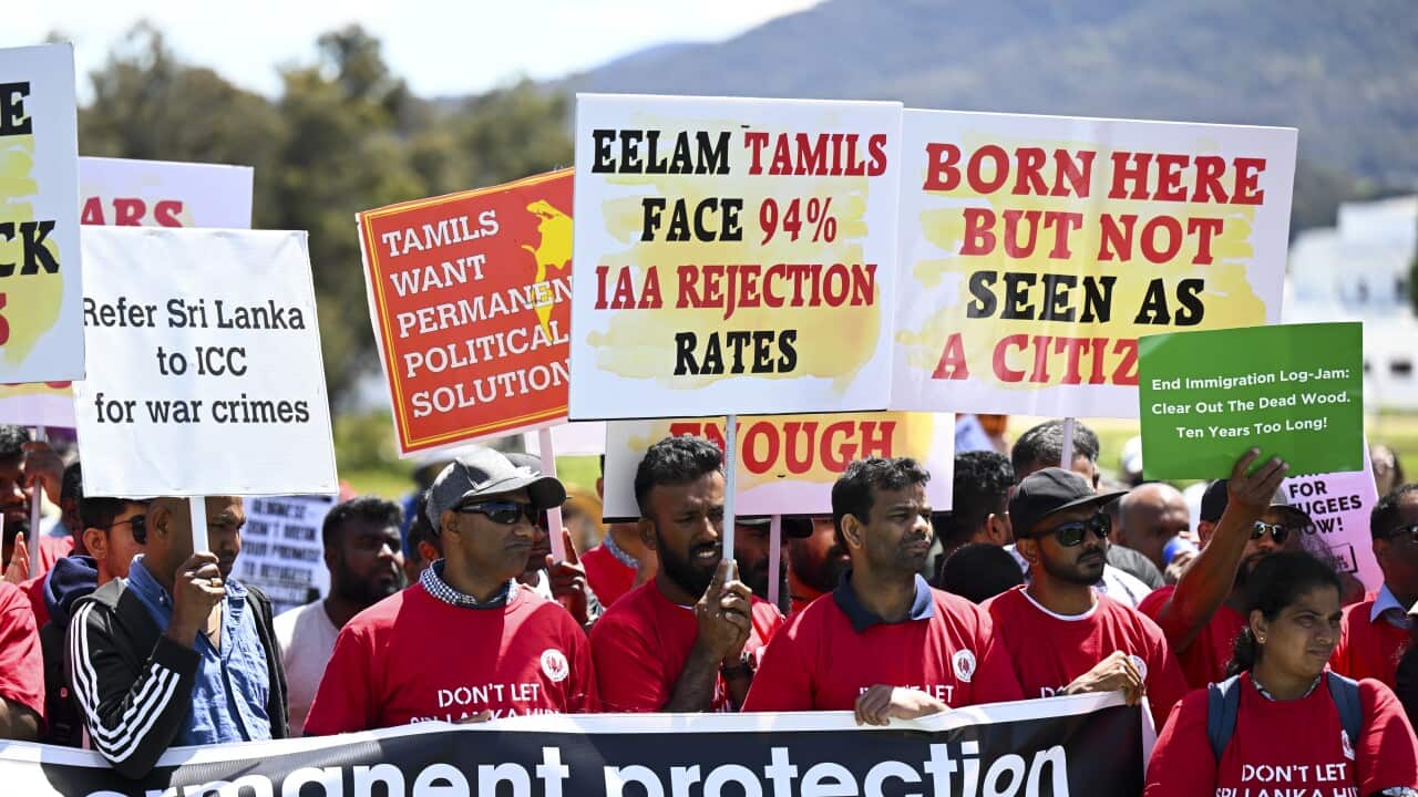 Protesters hold up signs as they attend a rally for refugee rights at Parliament House