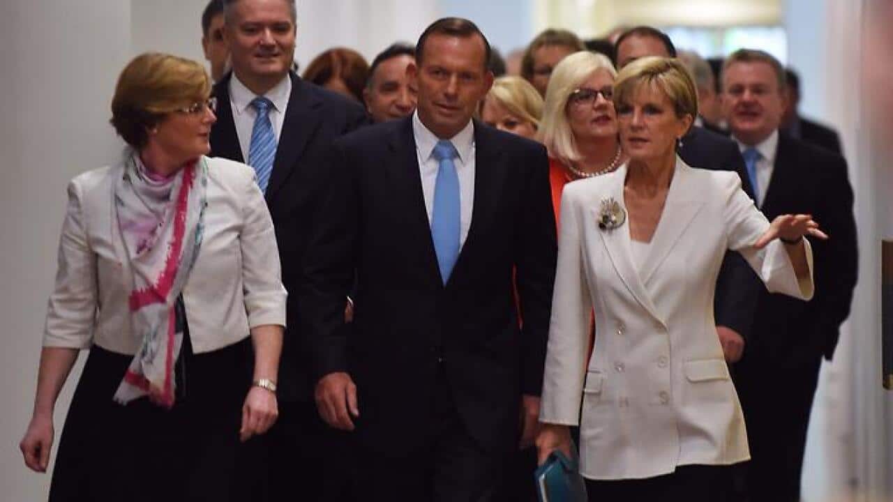 Prime Minister Tony Abbott and his supporters arrive for the party-room meeting. (AAP)