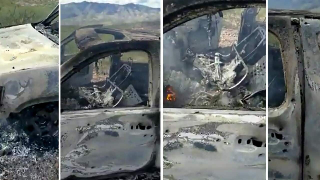 One of the vehicles attacked by an armed group in Bavispe, Mexico