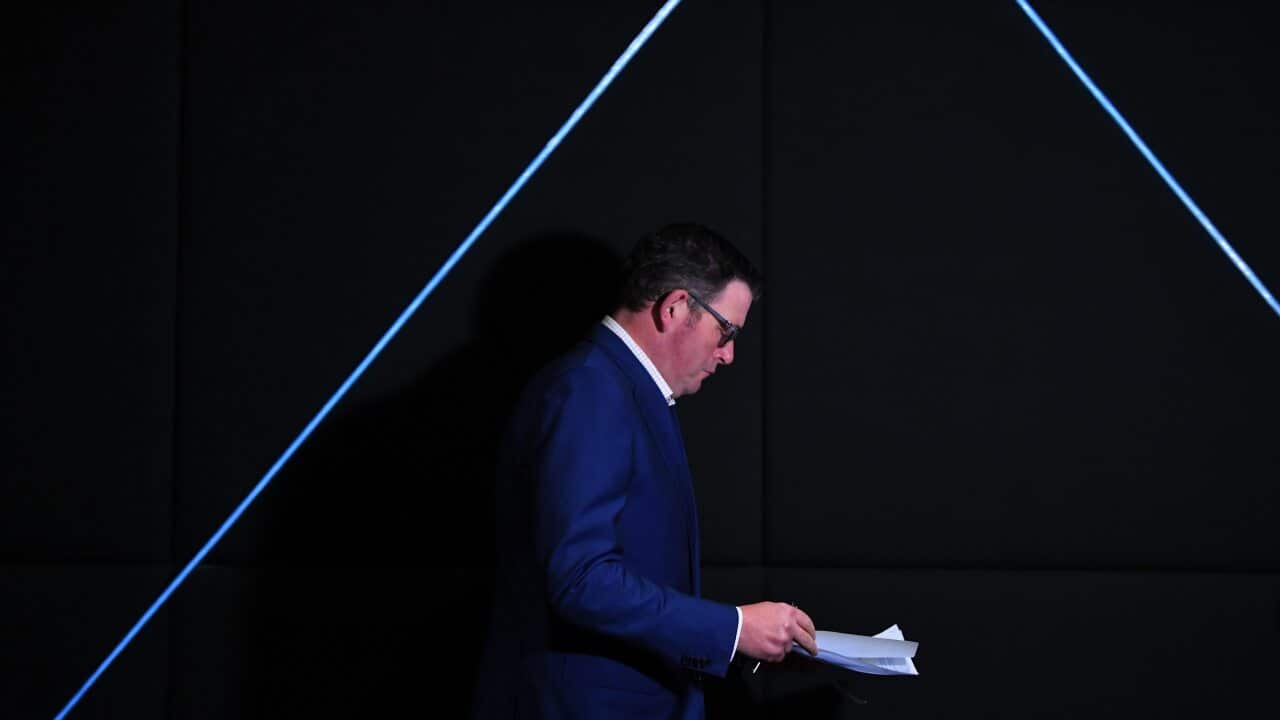 Victorian Premier Daniel Andrews arrives to a press conference in Melbourne, Tuesday, July 14, 2020. Victoria has recorded 270 new Coronavirus cases. (AAP Image/James Ross) NO ARCHIVING
