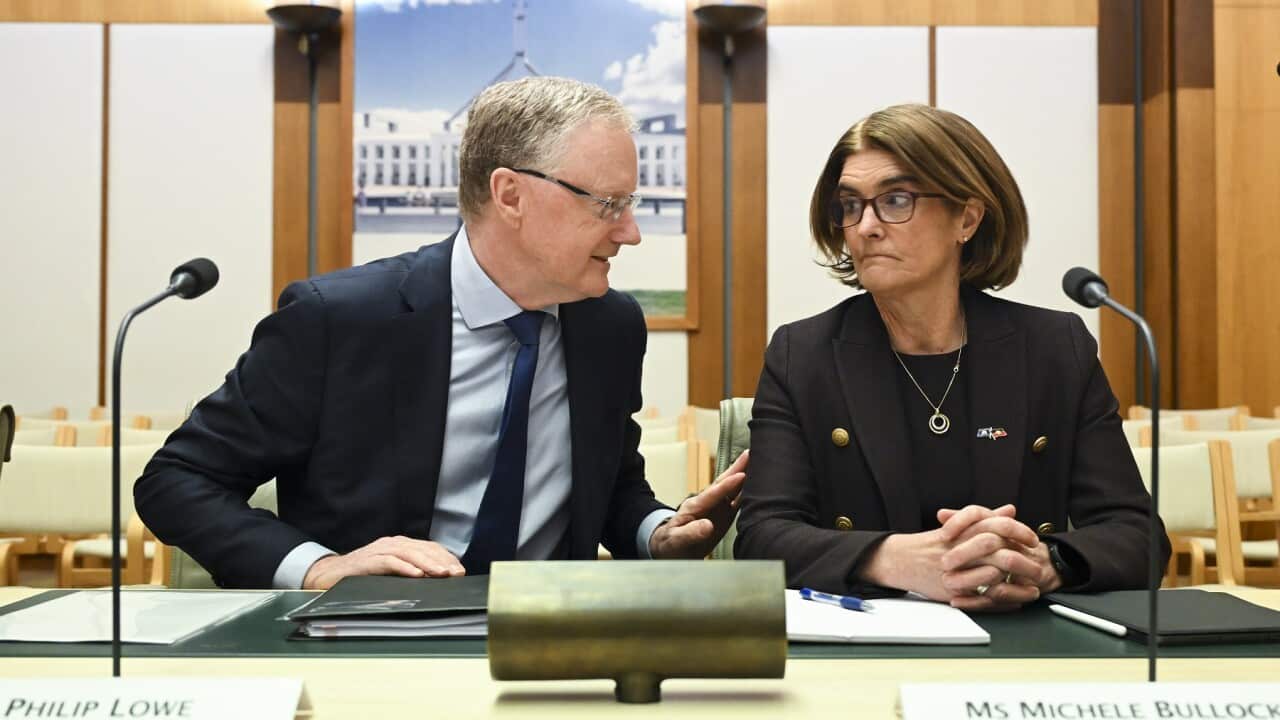 Outgoing Reserve Bank Governor Philip Lowe speaks to incoming Reserve Bank Governor Michele Bullock (AAP)