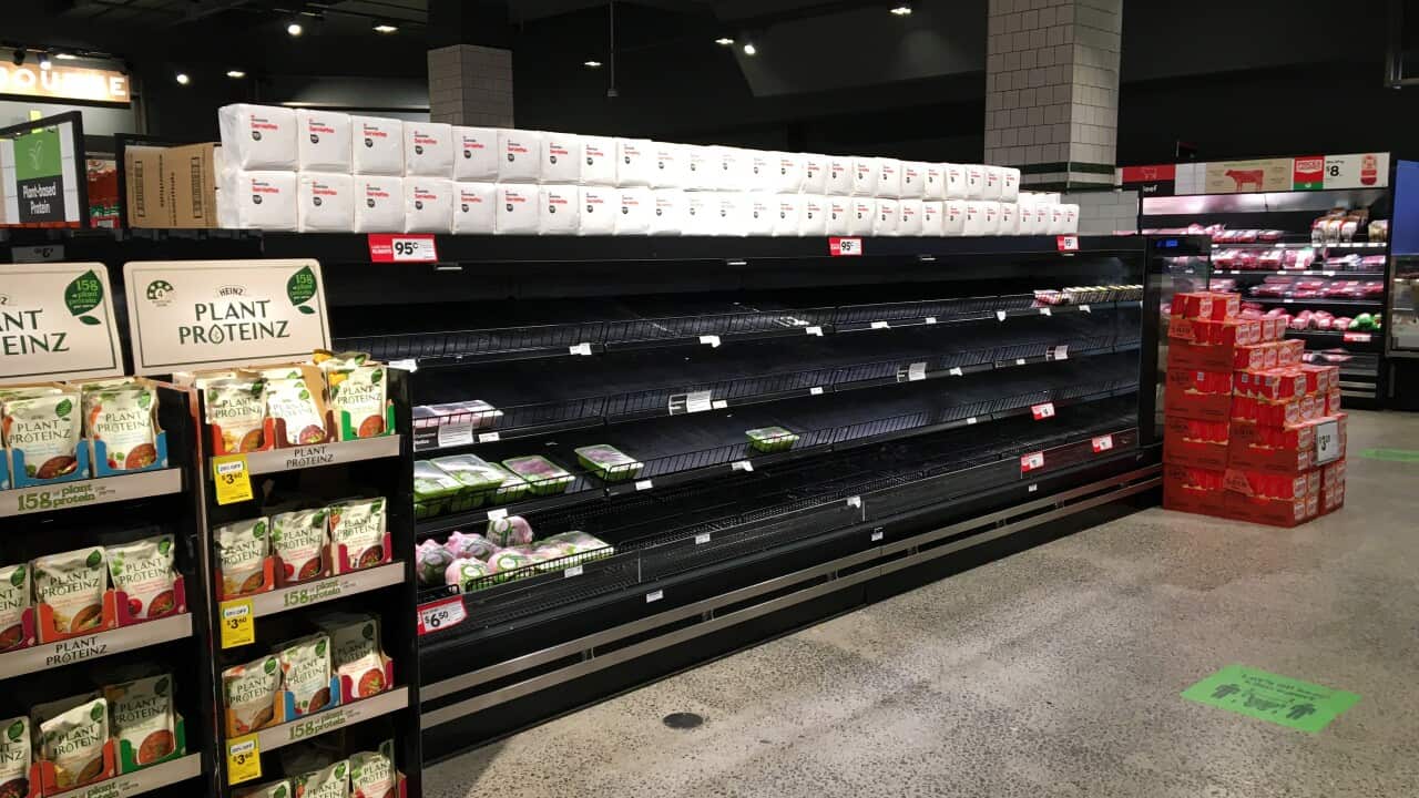 Low stock levels are seen on a Poultry shelf inside of a Woolworths supermarkets in Melbourne, Wednesday, August 5, 2020. Shortages of meat products is occurring throughout supermarkets following spikes in coronavirus infections in abattoirs and meat proc