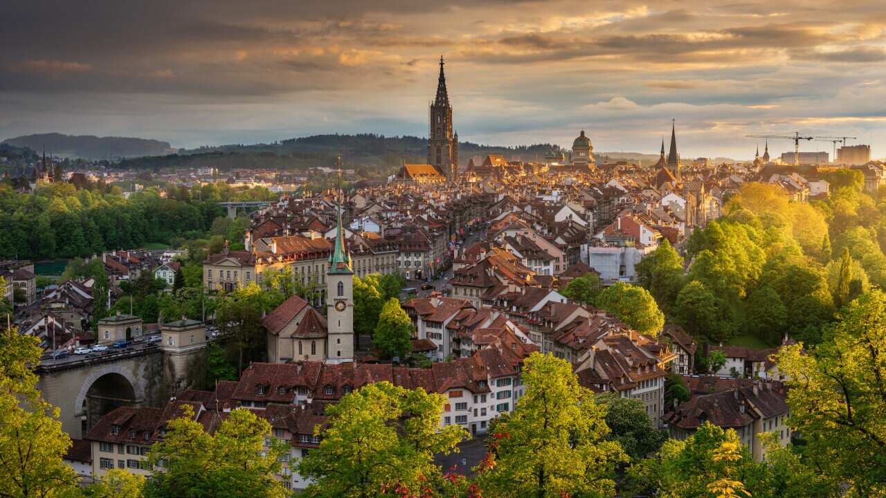 Cityscape With Golden Light Sunset in Bern, Capital of Switzerland