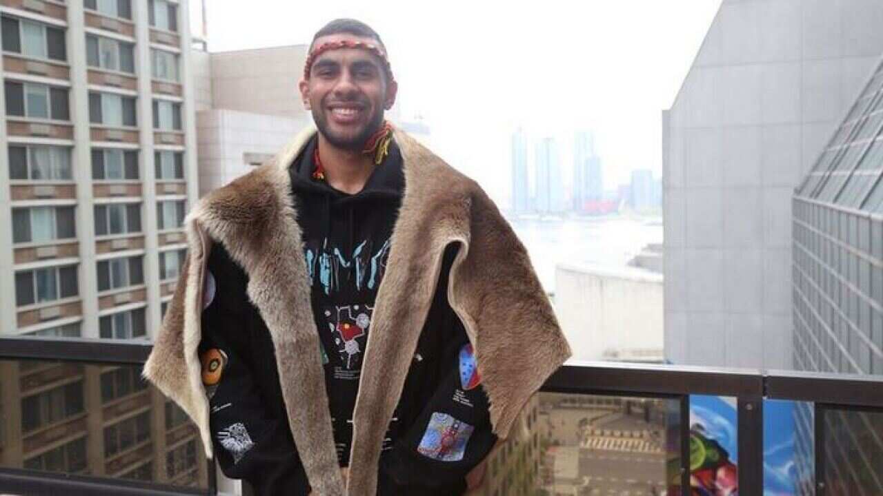 Jack Collard in his booka (Kangaroo cloak) in NY doing an UN training program pre-PFII (Permanent Forum on Indigenous Issues), April 2019.