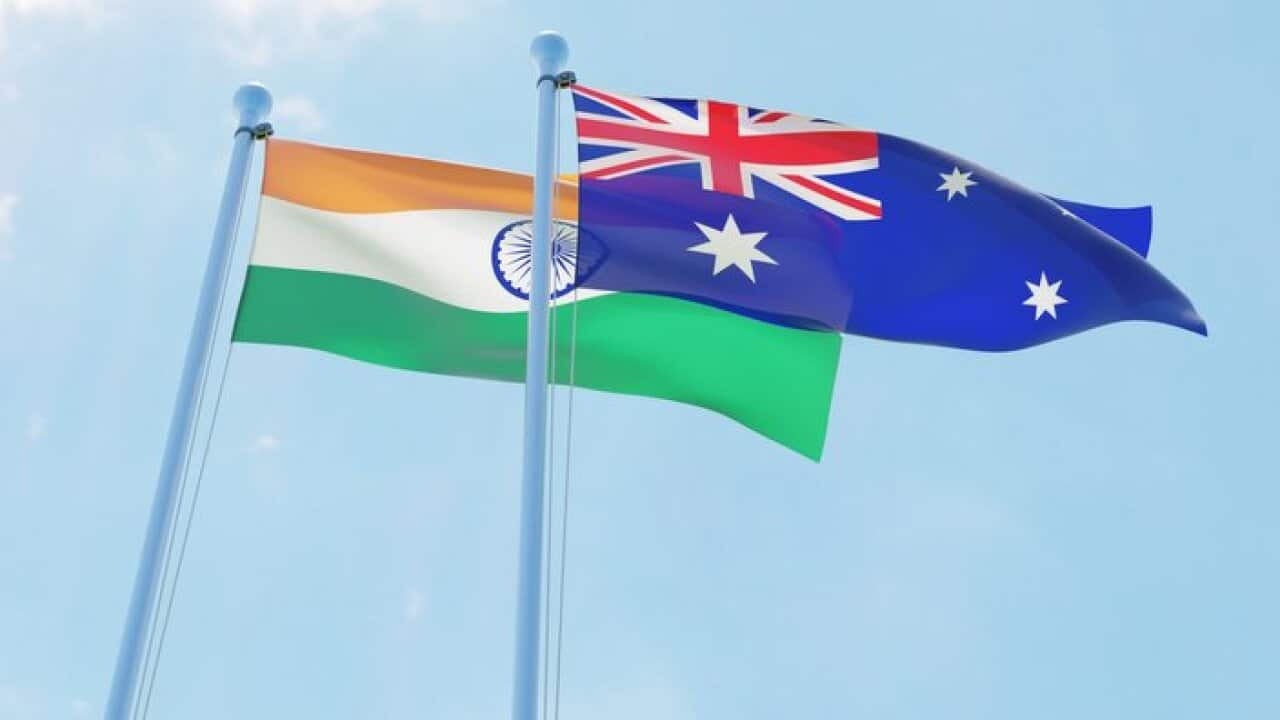 India and Australia, two flags waving against blue sky
