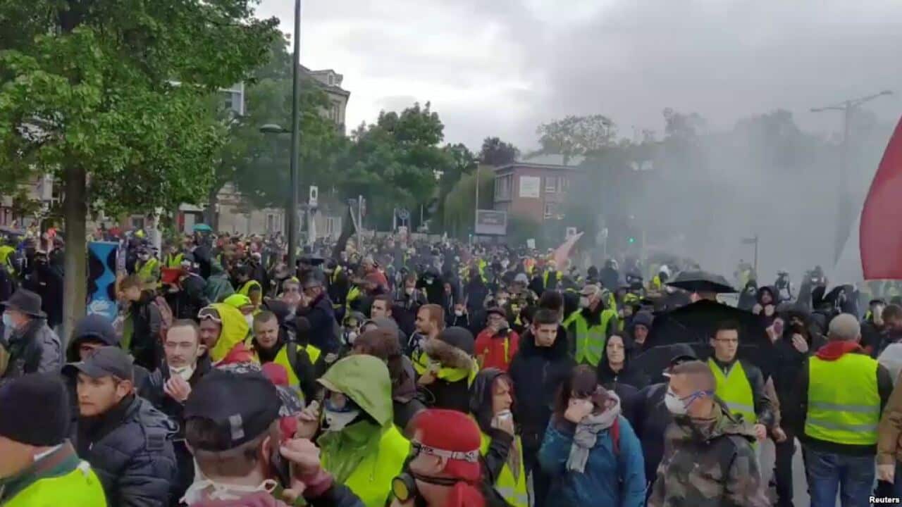 Protesters turn out for the 24th consecutive national weekly protest by the yellow vest movement in Strasbourg, France, April 27, 2019, in this still image taken from a video obtained from social media.