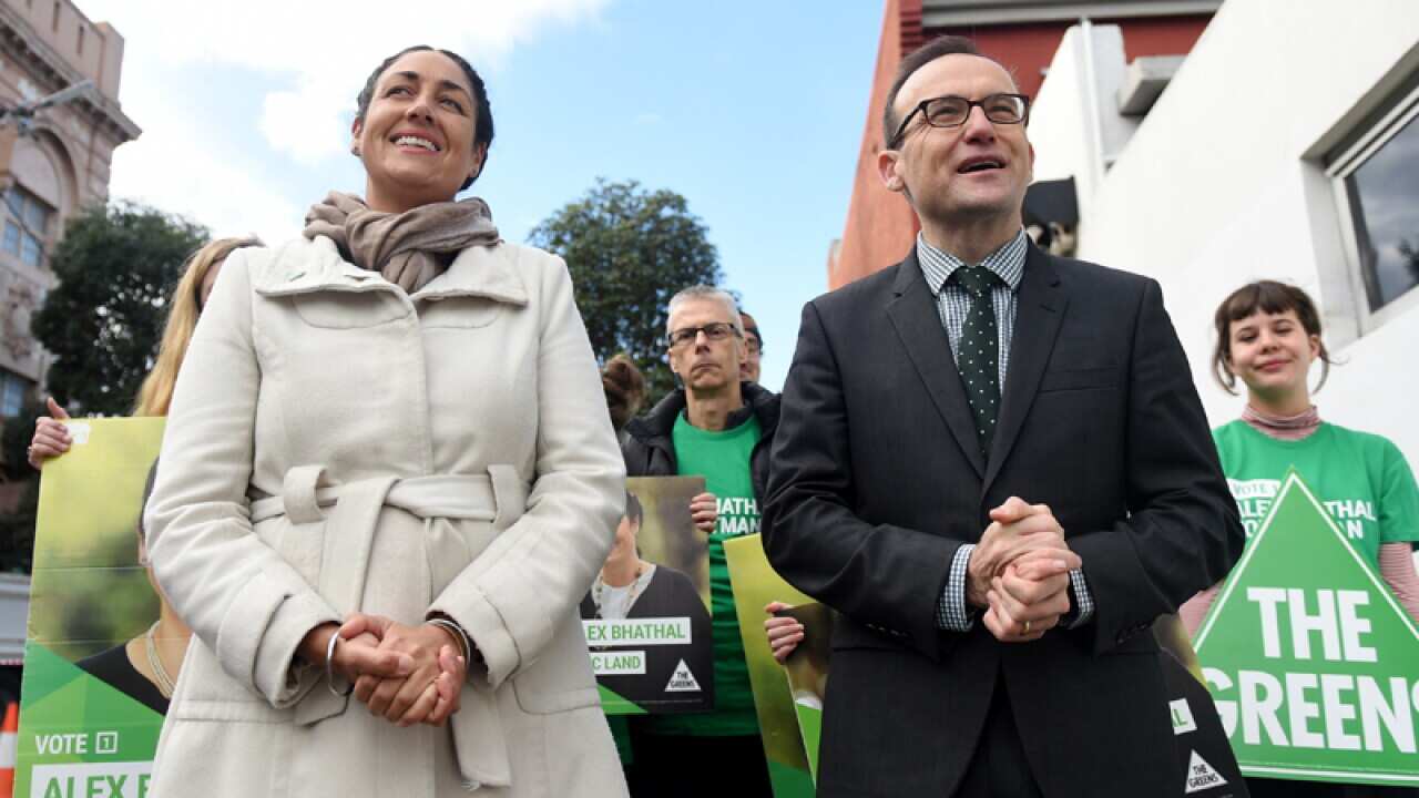 Greens candidate for Batman Alex Bhathal (L) with MP Adam Bandt