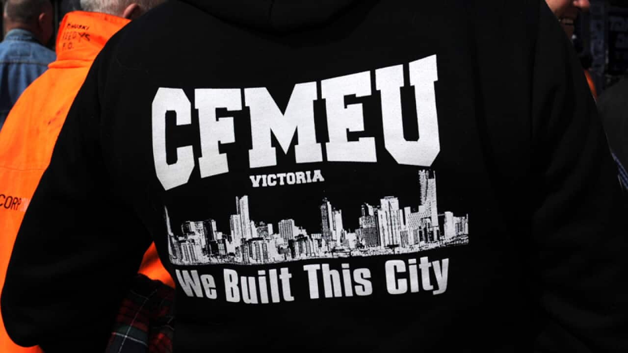 File photo of CFMEU logo on clothing at a demonstration