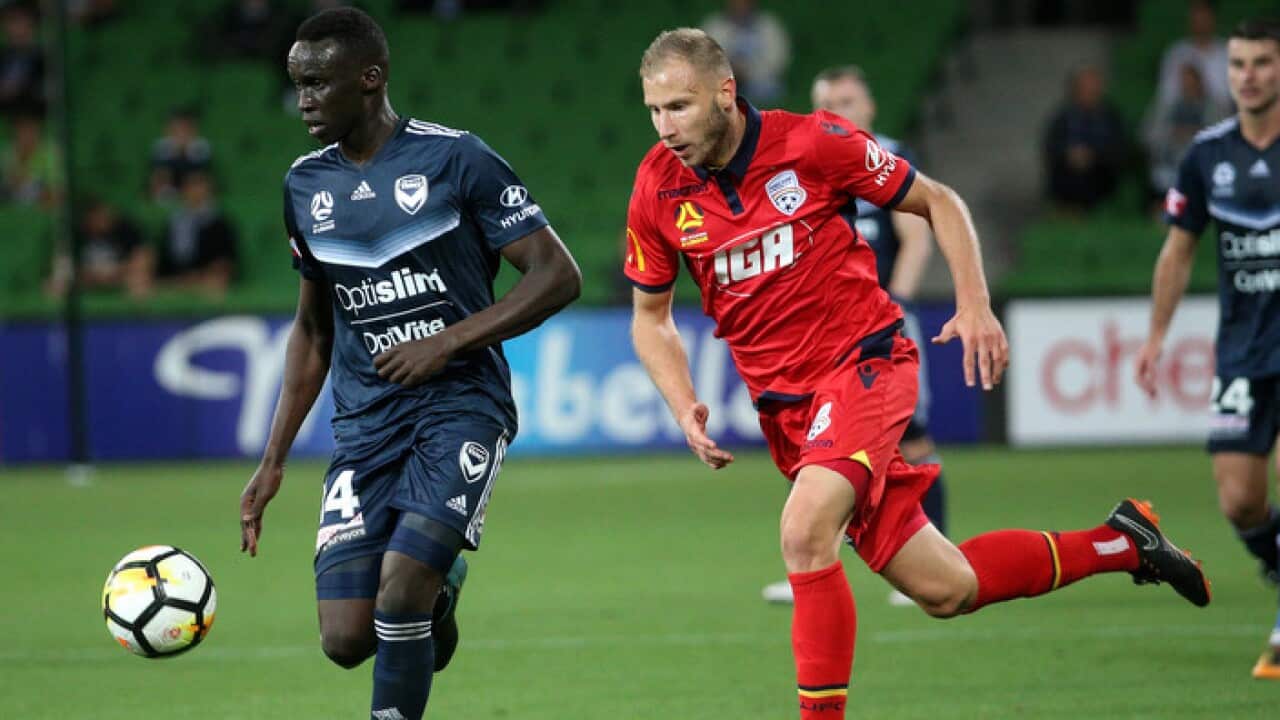 Thomas Deng (left) of Melbourne Victory in their win over Adelaide United
