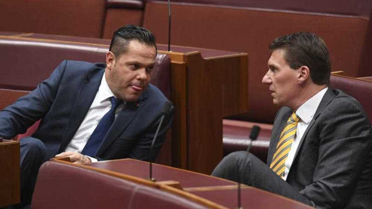 Australian Conservatives Senator Cory Bernardi (right) speaks to One Nation Senator Peter Georgiou during Senate Question Time in the Senate chamber