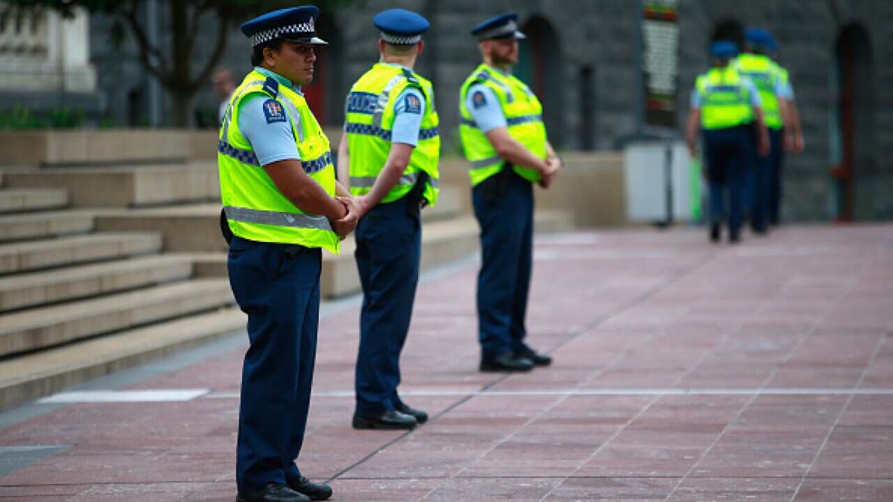 Police patrol Aotea Square ahead of the TPP signing on February 4, 2016 in Auckland, New Zealand