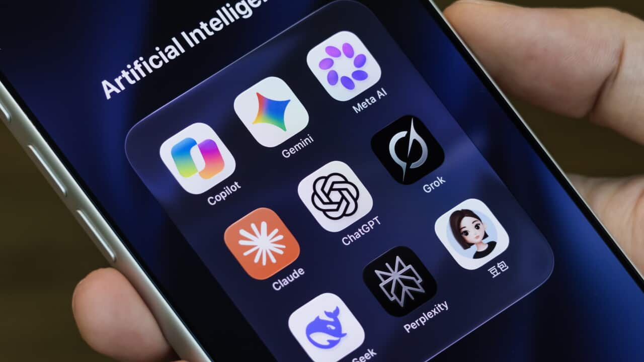 A smartphone screen showing a folder of artificial intelligence apps, including ChatGPT, Claude, Gemini, Copilot and Meta AI.