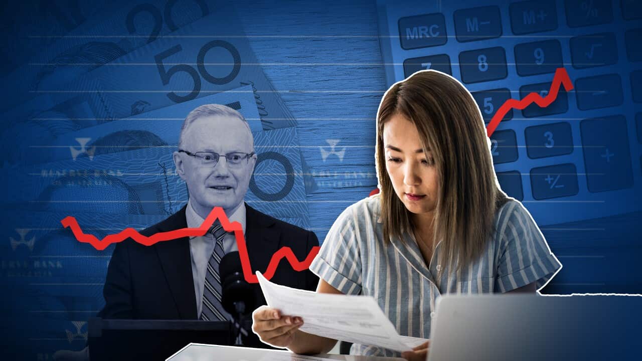 Graphic showing a woman looking at bills with a calculator, money, and Philip Lowe in the background