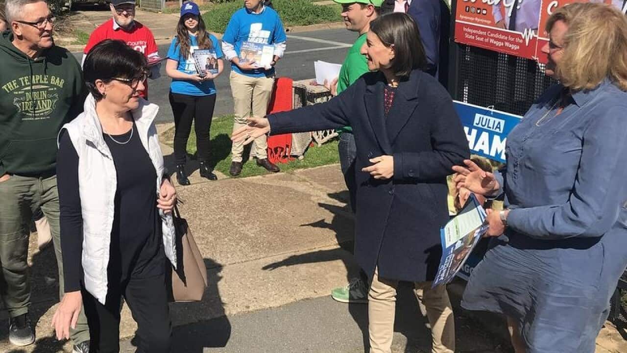 NSW Premier Gladys Berejikian greets voters in Wagga Wagga.