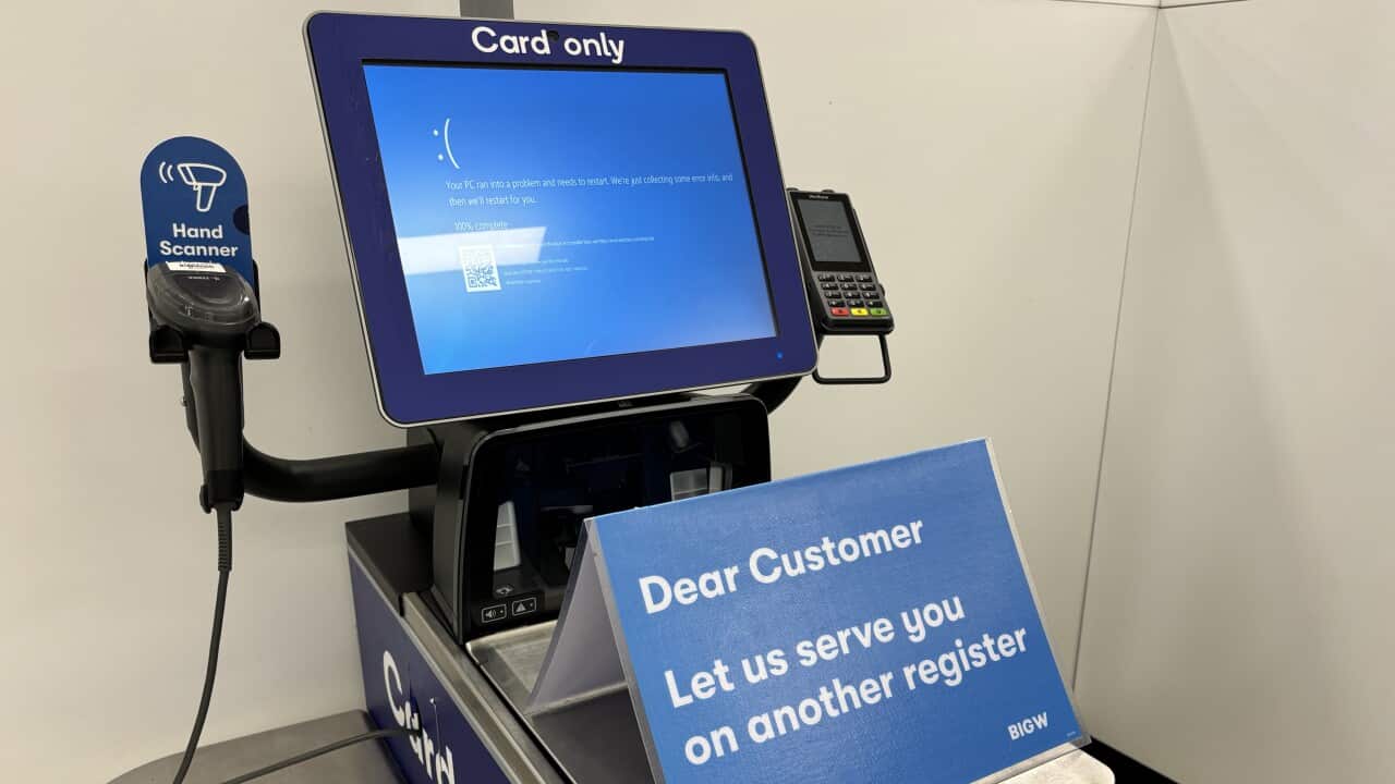 A blue error screen is seen at a Big W in Brisbane on Friday, 19 July 2024.