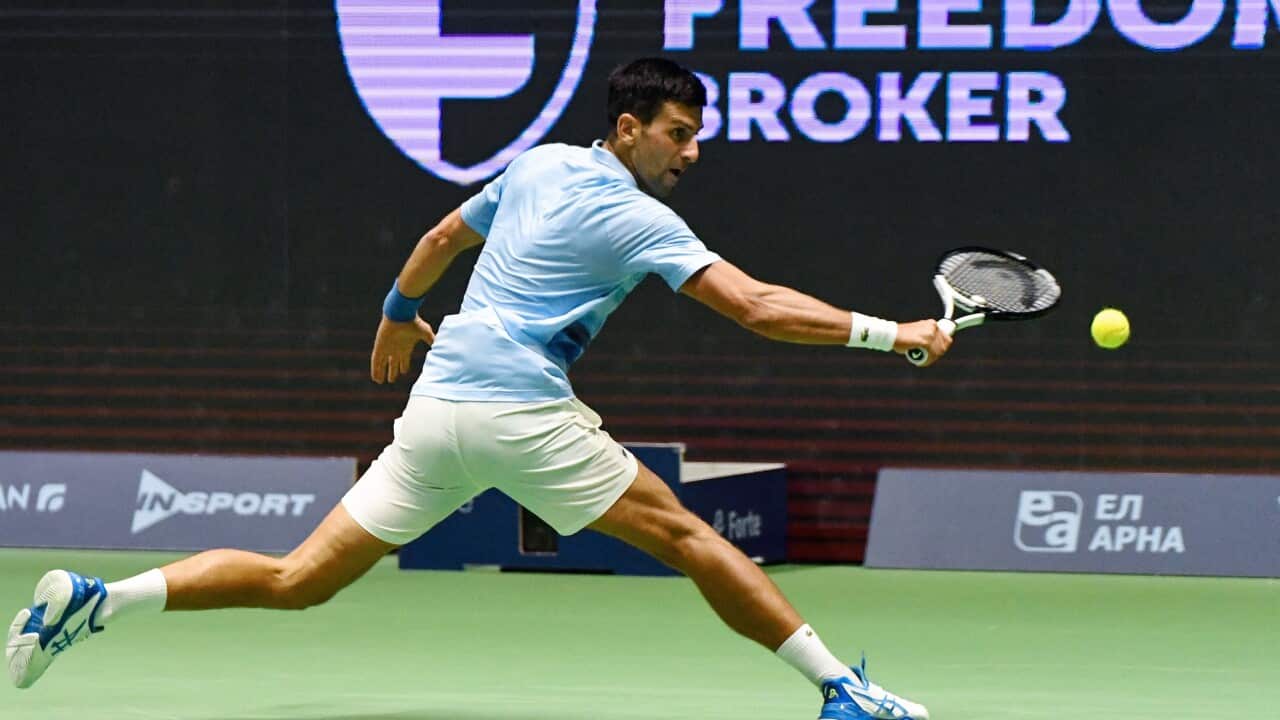 Serbian tennis player Novak Djokovic during the match with Russian tennis player Karen Khachanov in Astana