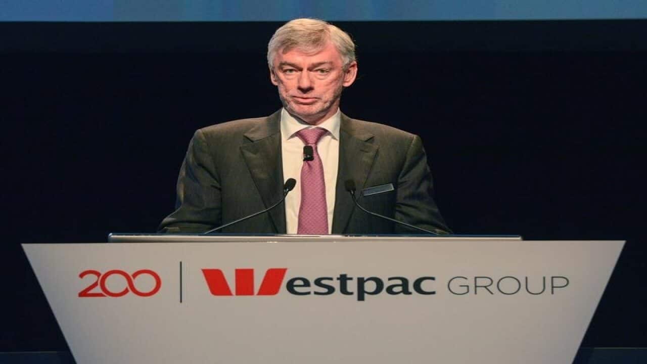 Westpac chairman Lindsay Maxsted standing at podium