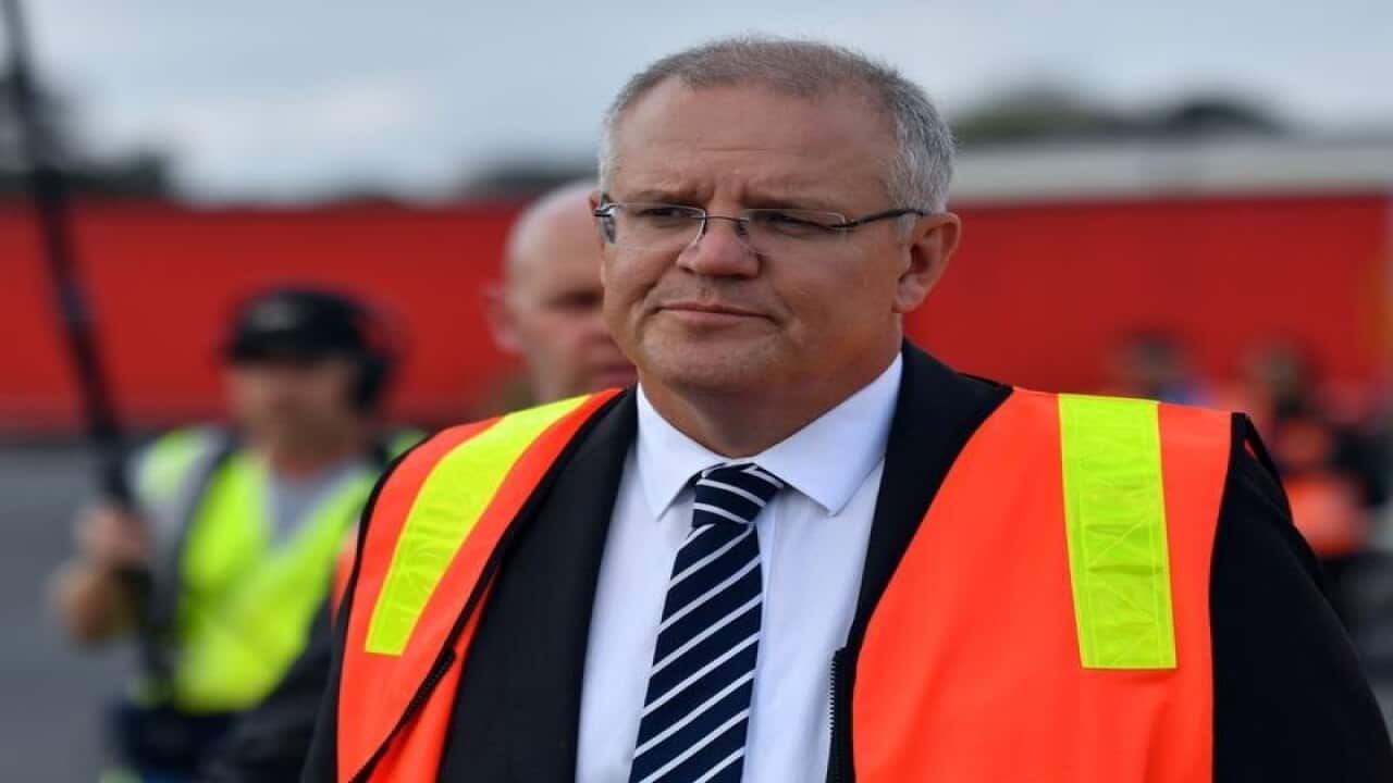 Prime Minister Scott Morrison at a trucking company in West Wodonga,.