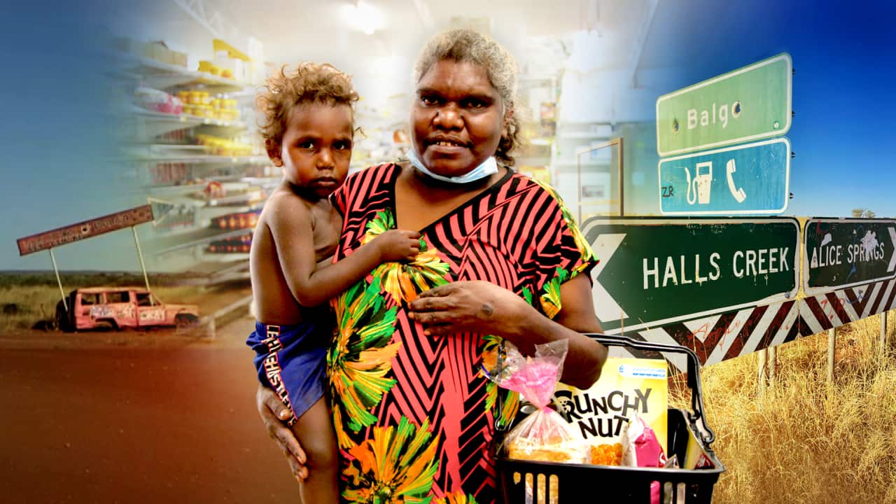 Artwork showing a woman holding a child in front of a background of outback road signs.