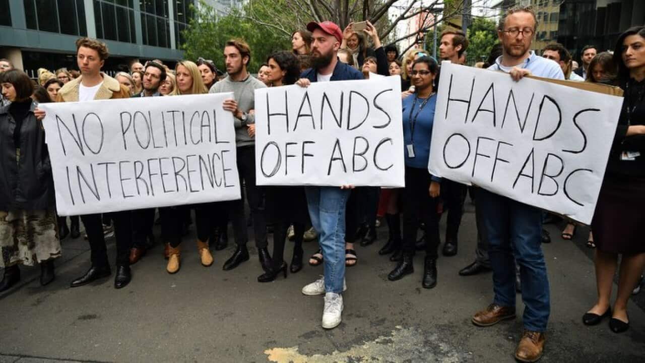 Unhappy ABC staff outside their offices in Ultimo, Sydney