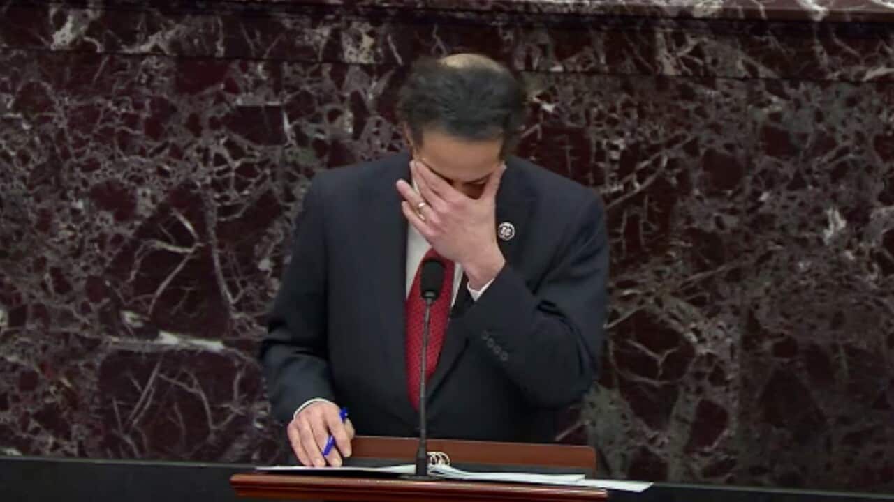 Representative Jamie Raskin, lead impeachment manager, is overcome with emotion while addressing the US Congress.