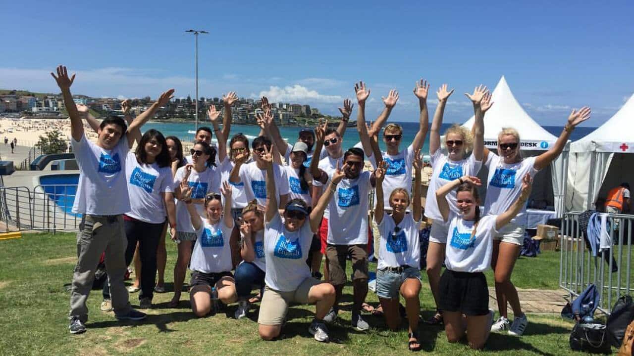 Volunteers get ready for the Biggest English Lesson at Bondi Beach.