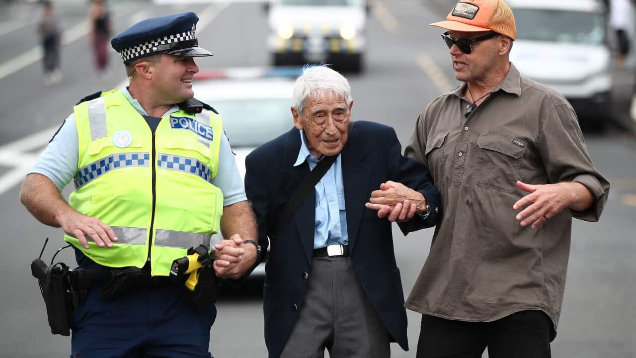 John Sato, 95, one of only two Japanese servicemen in the New Zealand army in WWII, joined the march against racism in Auckland, New Zealand.