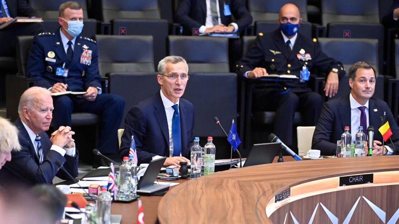 US President Joe Biden, NATO Secretary General Jens Stoltenberg and Prime Minister Alexander De Croo pictured during the NAC (North Atlantic Council) meeting at the head of states summit of the NATO (North Atlantic Treaty Organization) military alliance,