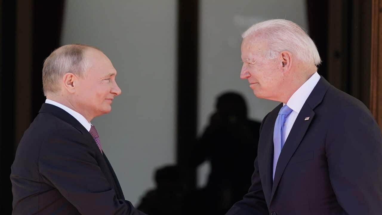 Joe Biden (R) and Vladimir Putin (L) meet at the 'Villa la Grange' on June 16, 2021, in Geneva, Switzerland.