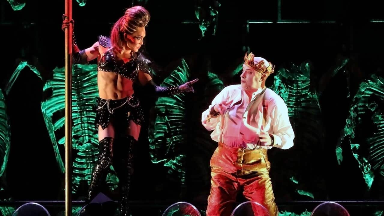 Andreas Conrad as Herod and Dancer Sophie Holloway and in Opera Australia's 2019 production of Salome at the Sydney Opera House