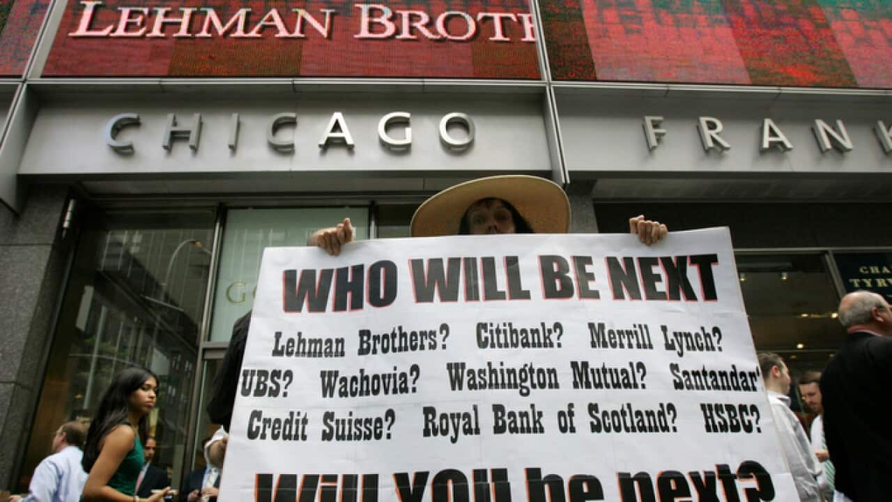 A sign in front of Lehman Brothers in New York on September 15, 2008.