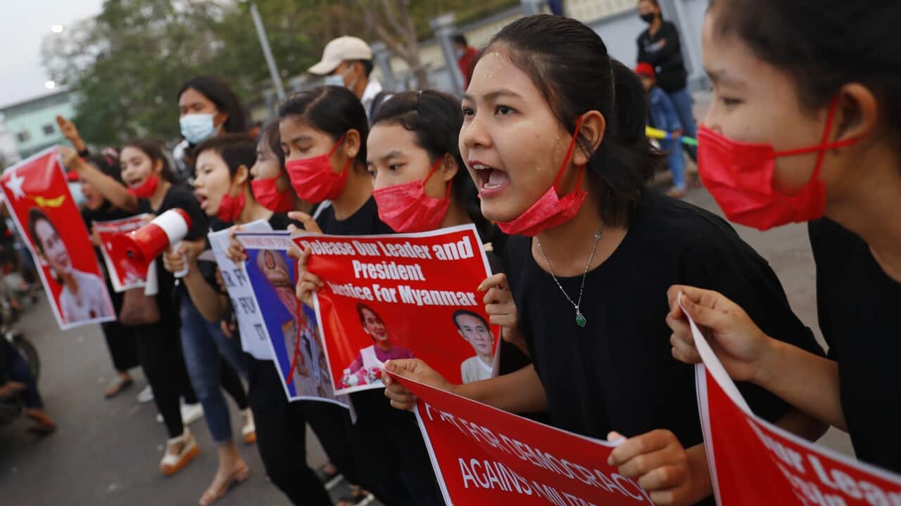 Protesters shout during demonstrations in Mandalay, Myanmar on Monday, 8 February, 2021.