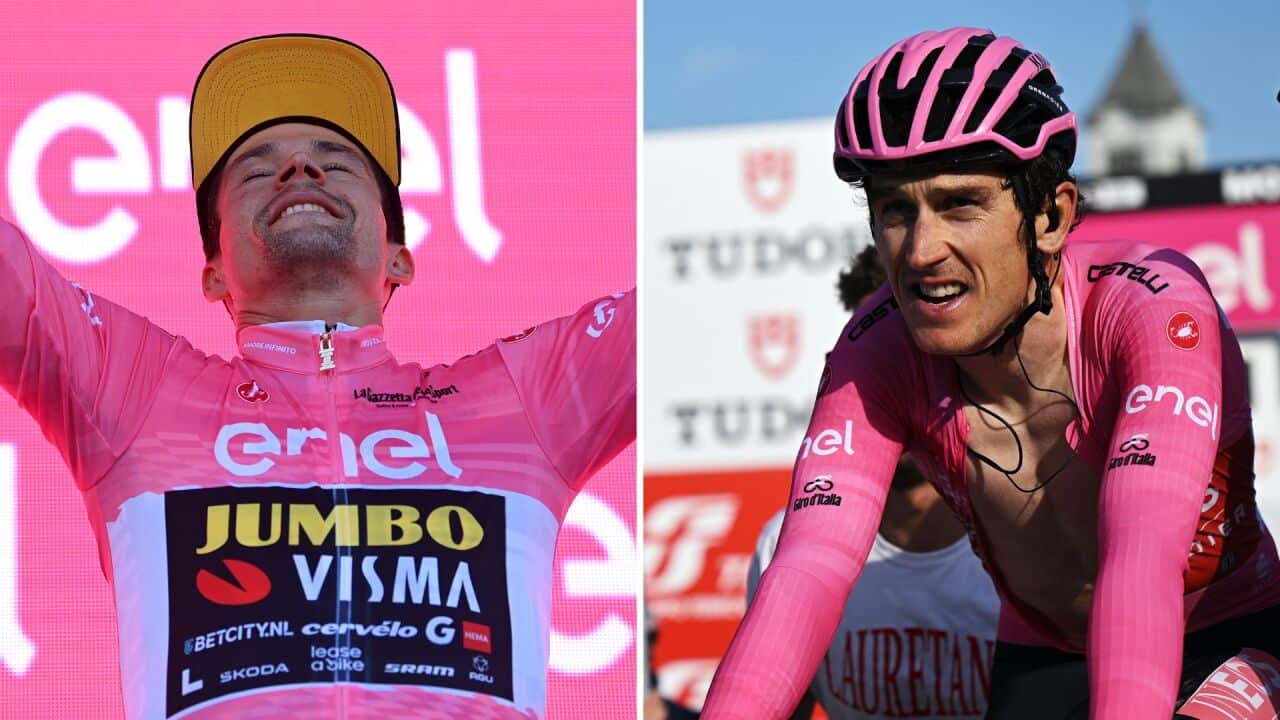 (L to R) Primoz Roglic and Geraint Thomas after Stage 20 of the 2023