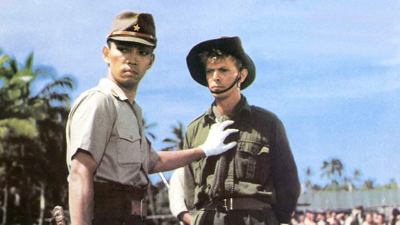 Ryuichi Sakamoto and David Bowie in a scene from the movie Merry Christmas, Mr Lawrence.