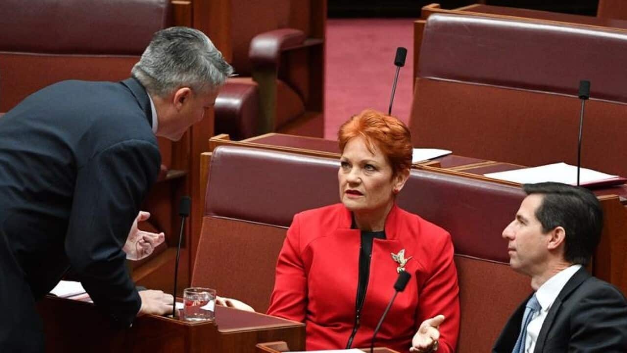 Mathias Cormann speaks with One Nation leader Senator Pauline Hanson.