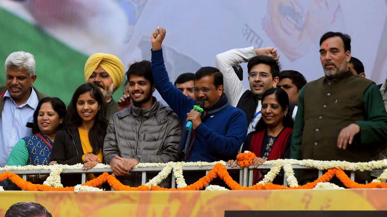 Delhi Chief Minister Arvind Kejriwal addresses a gathering of AAP supporters after AAP’s victory in the Delhi Assembly election at party headquarters on 11.2.20